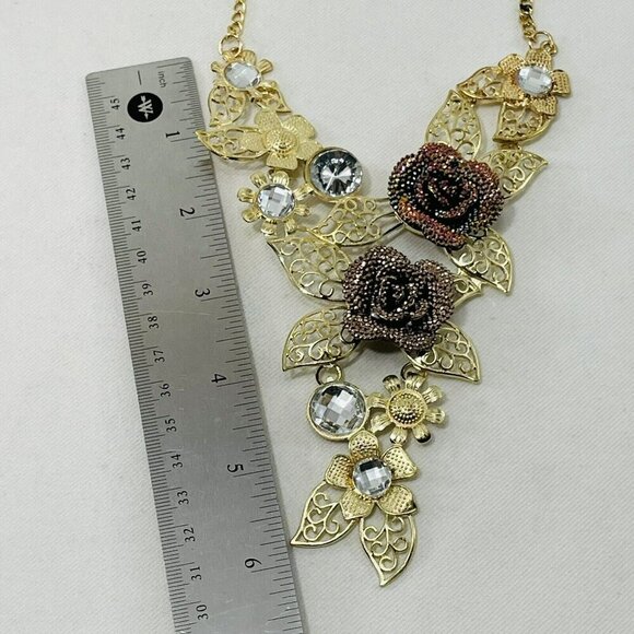 Rose Flower Necklace Earrings Matching Set Statement Gold Tone Chunky Retro Big - Picture 8 of 12